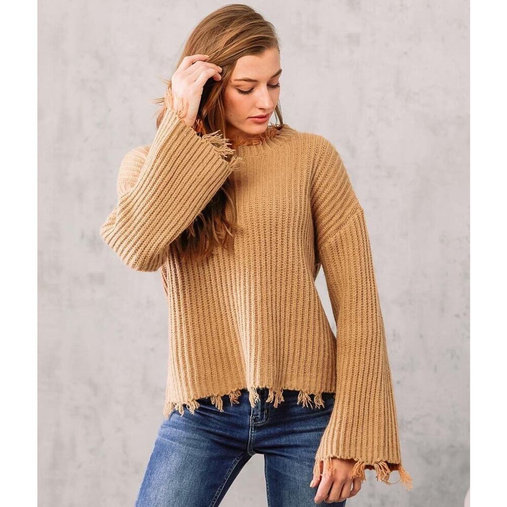 Willow + Root Women's Large Dark Taupe Metallic Destructed Knit Sweater Fringe